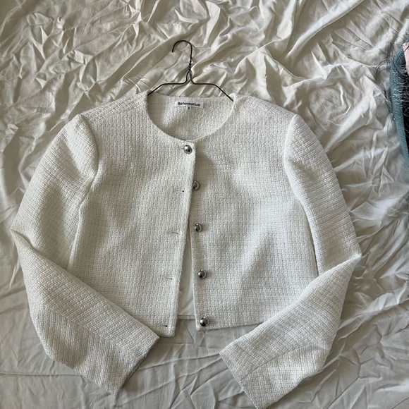 Reformationwhite Textured blazer with Silver Buttons